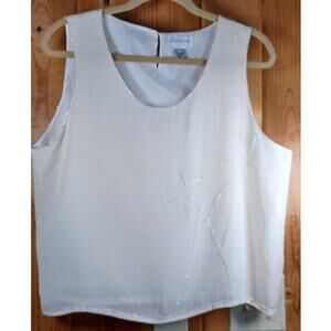 Vintage Gantos 100% Silk Tank Top L Ivory White Floral Embroidered Beaded Shell
